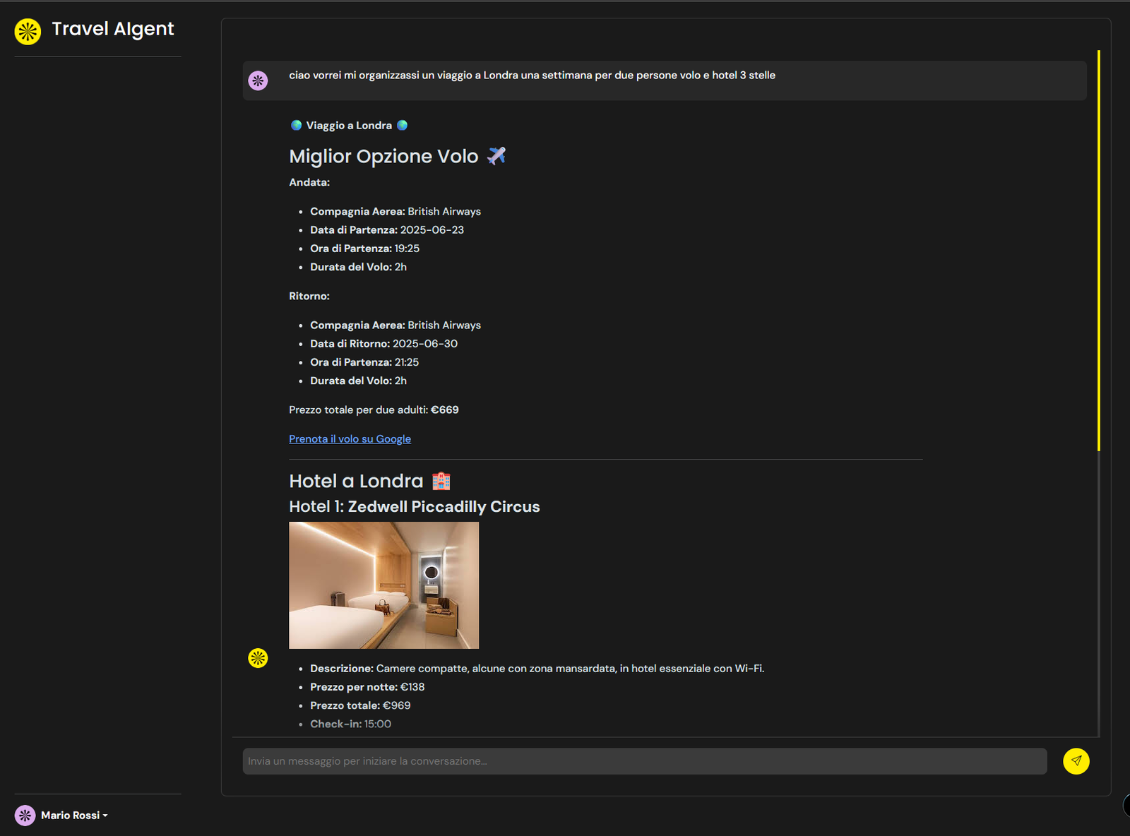 Screenshot 3 del progetto Travel Agent API (FastAPI + LangChain)